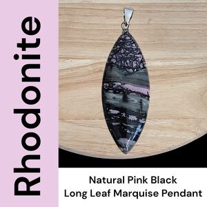 Hand Crafted Rhodonite Marquise Pendant Long Leaf Black And Pink